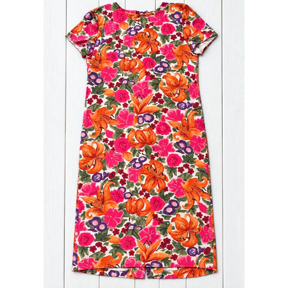 Liz Claiborne Floral Linen Shift Dress Button Back Vintage Tropical Summer Sz 6